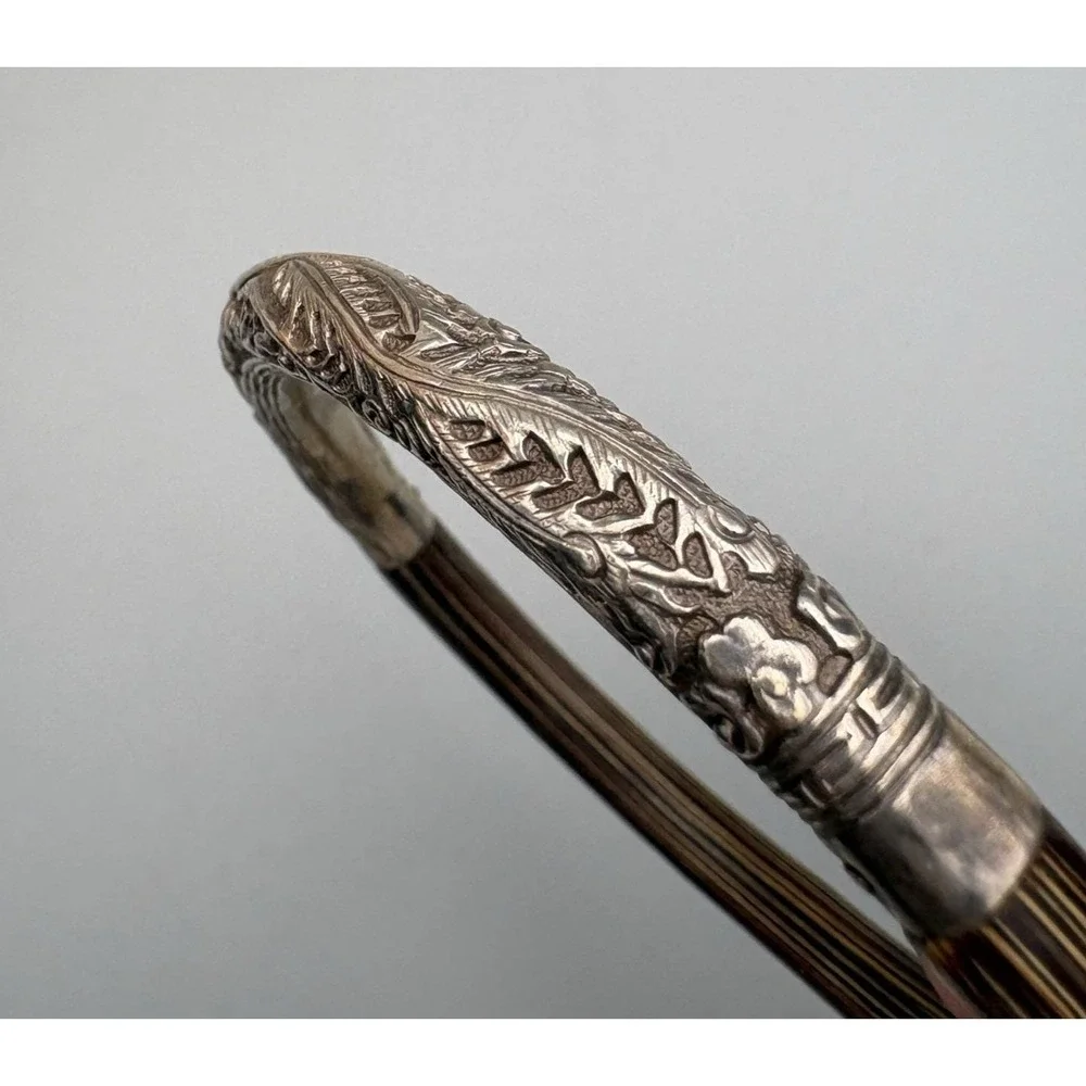 Vintage Chinese Silver Bangle Rattan Phoenix Bamboo Wood 8.25